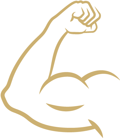 Gold flexed arm icon representing strength, muscle growth, and athletic performance in rugby training.