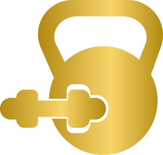 Gold icon featuring a kettlebell and a dumbbell crossed together, symbolizing strength training, weightlifting, and functional fitness. Commonly associated with athletic performance, gym workouts, and fitness programs.