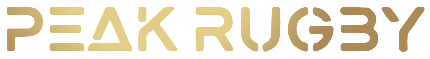 PEAK RUGBY gold gradient logo with modern, stylized typography, representing the brand’s focus on rugby-specific training and supplements.