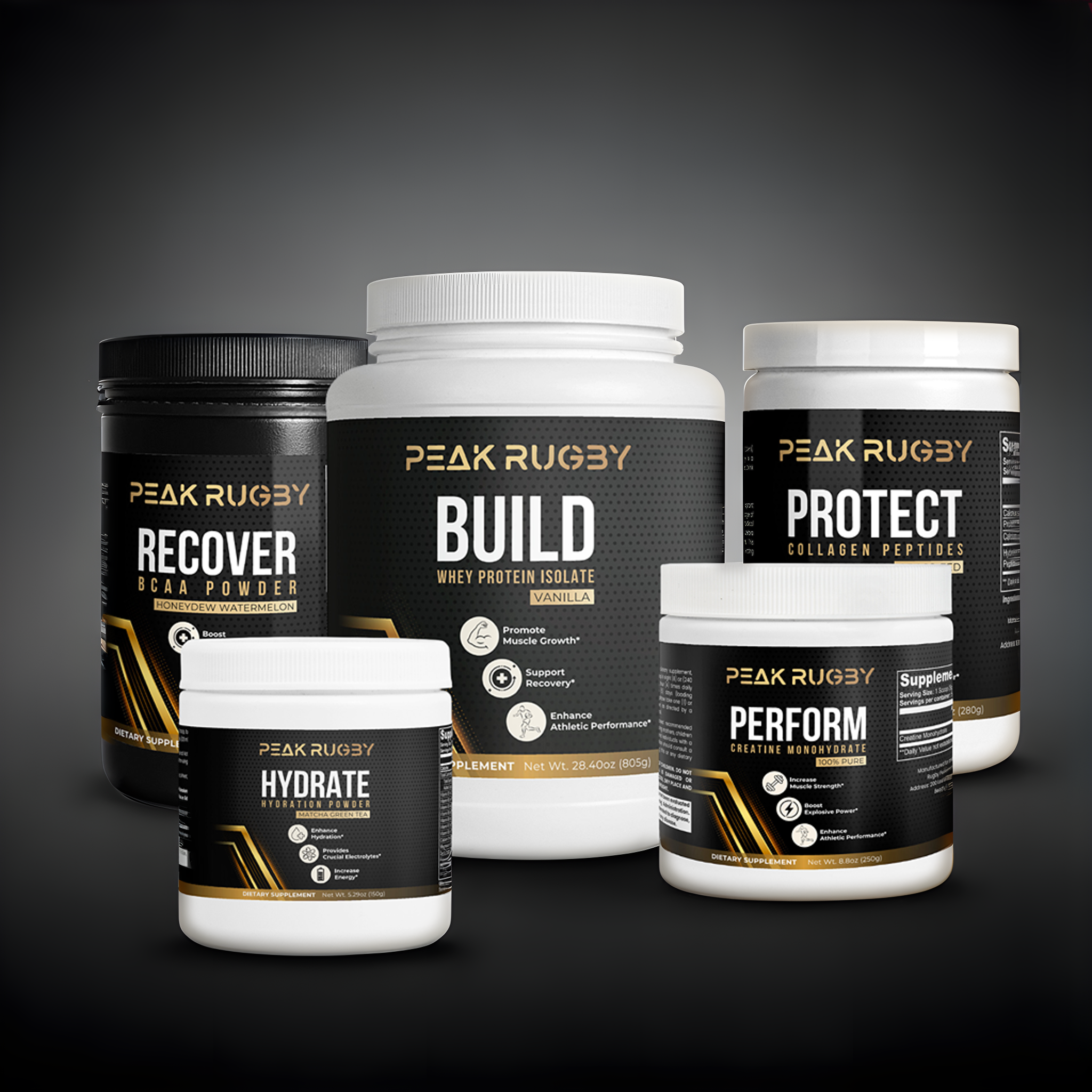 Peak Rugby supplement line for athletes—featuring BUILD whey protein, RECOVER BCAA, PROTECT collagen, PERFORM creatine, and HYDRATE electrolyte powder to support strength, recovery, and hydration.