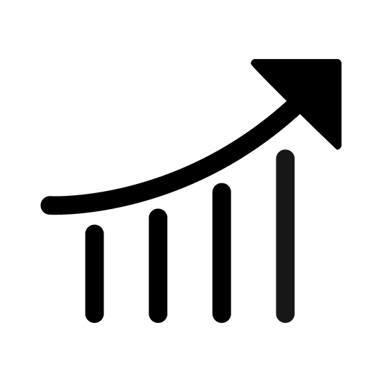 Black performance icon featuring an upward trending graph with an arrow, representing growth, progress, and athletic improvement for Peak Rugby’s mission description.